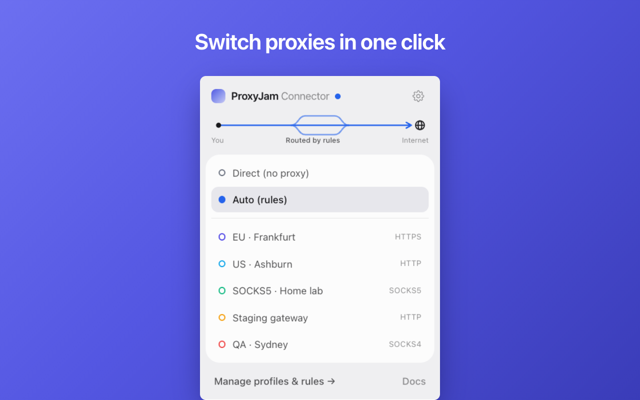 Das Popup von ProxyJam Connector im Modus Auto; die Routenleiste zeigt „Routed by rules“ über einer Liste gespeicherter Proxy-Profile