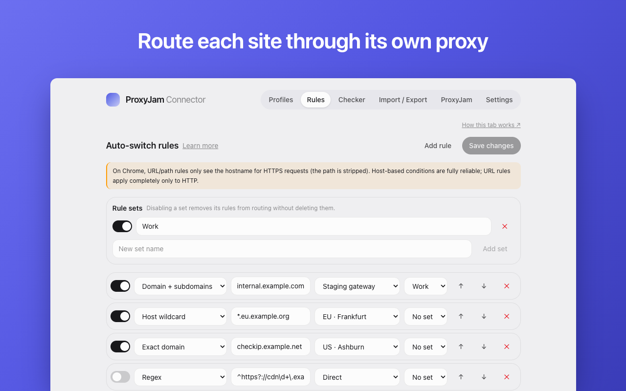 Der Tab „Rules“: Regeln für automatisches Umschalten, die Hosts von example.com über verschiedene Proxy-Profile leiten, gruppiert in einem Regelsatz „Work“